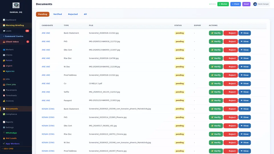 Document approval queue in recruitment software showing pending worker document submissions for review